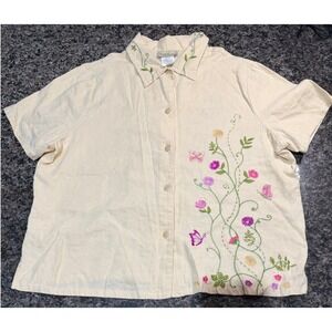 Studio Ease Linen Blend Embroidered Butterfly Floral Button Up Shirt Cream Sz 16